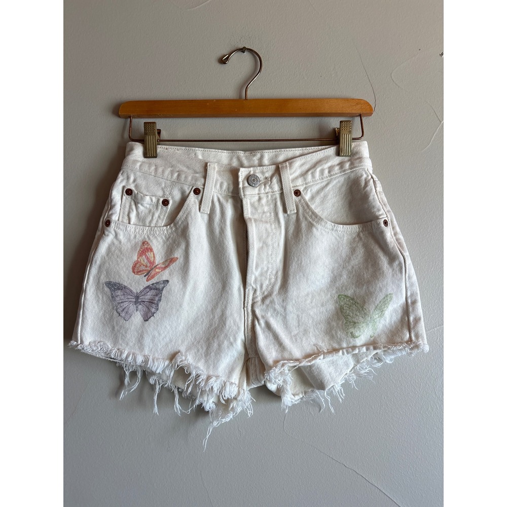 Levis 501 Original Butterfly Print Cut Off Denim Shorts Off‎ White Womens 25